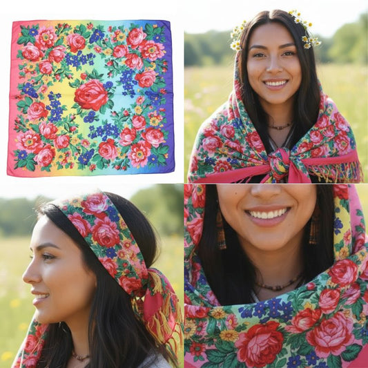 Rainbow Kokum Floral Design Scarf – Silk Touch - 30x30 inches - Chic Meadow Boutique