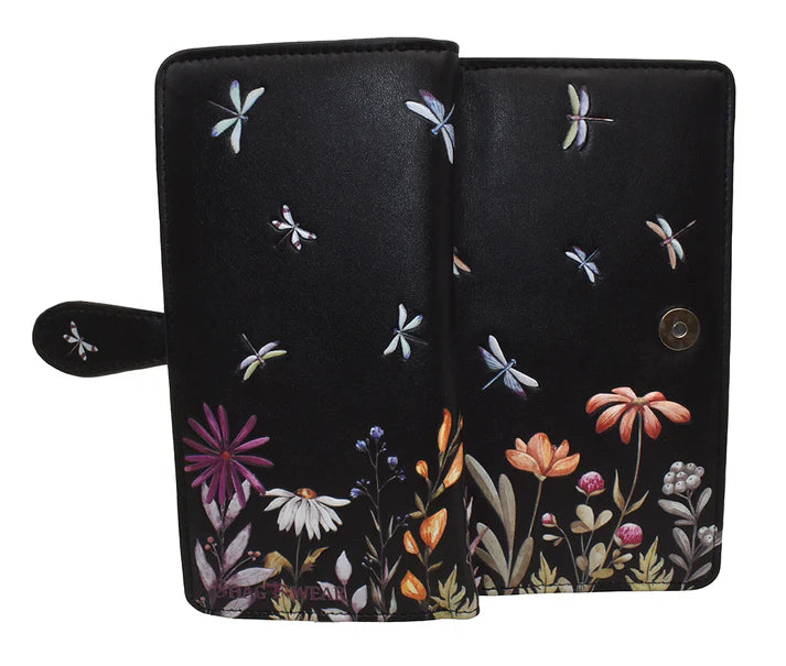 Large Black Wallet with Dragonfly Meadow Design and Zipper