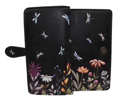 Large Black Wallet with Dragonfly Meadow Design and Zipper