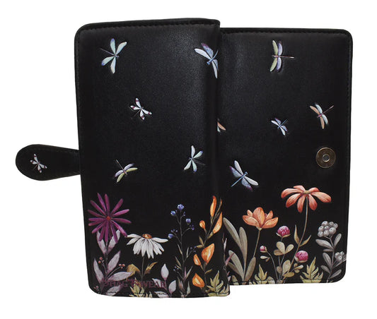 Large Black Wallet with Dragonfly Meadow Design and Zipper