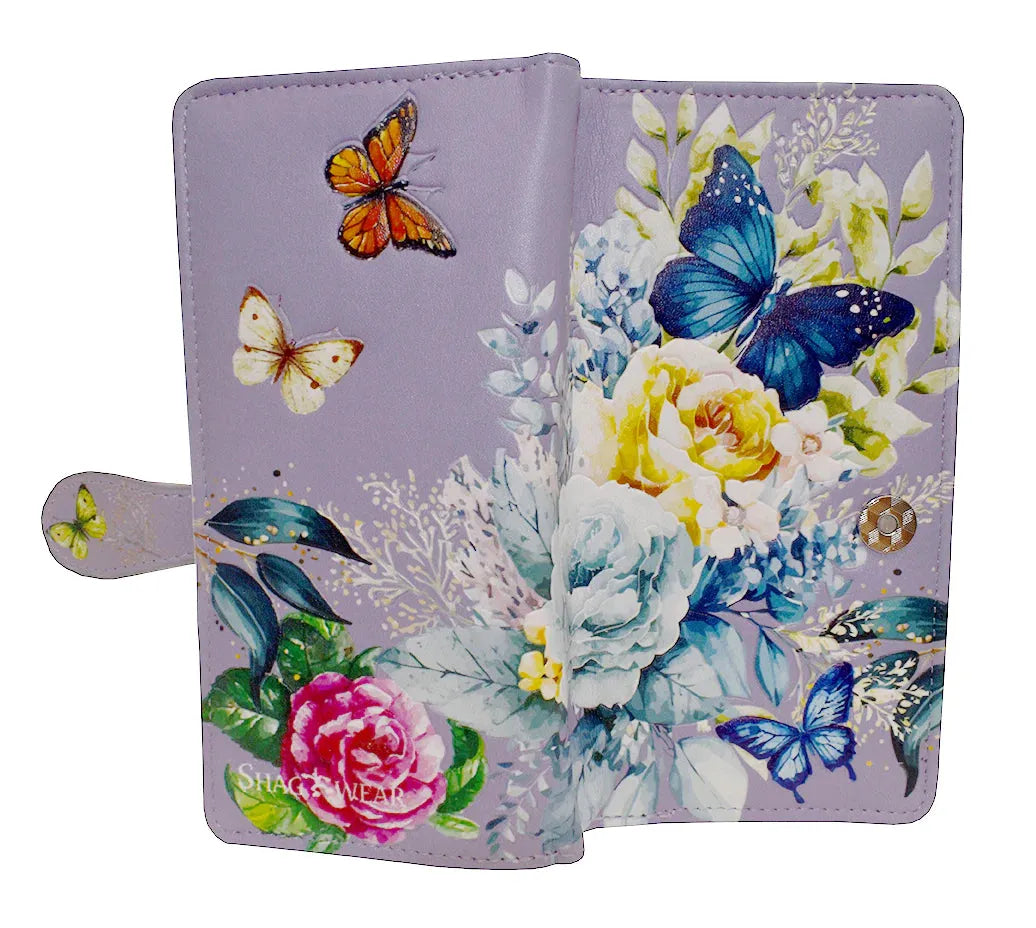 Large Mauve Wallet with Floral Butterfly Scene Design and Zipper - Chic Meadow Boutique 