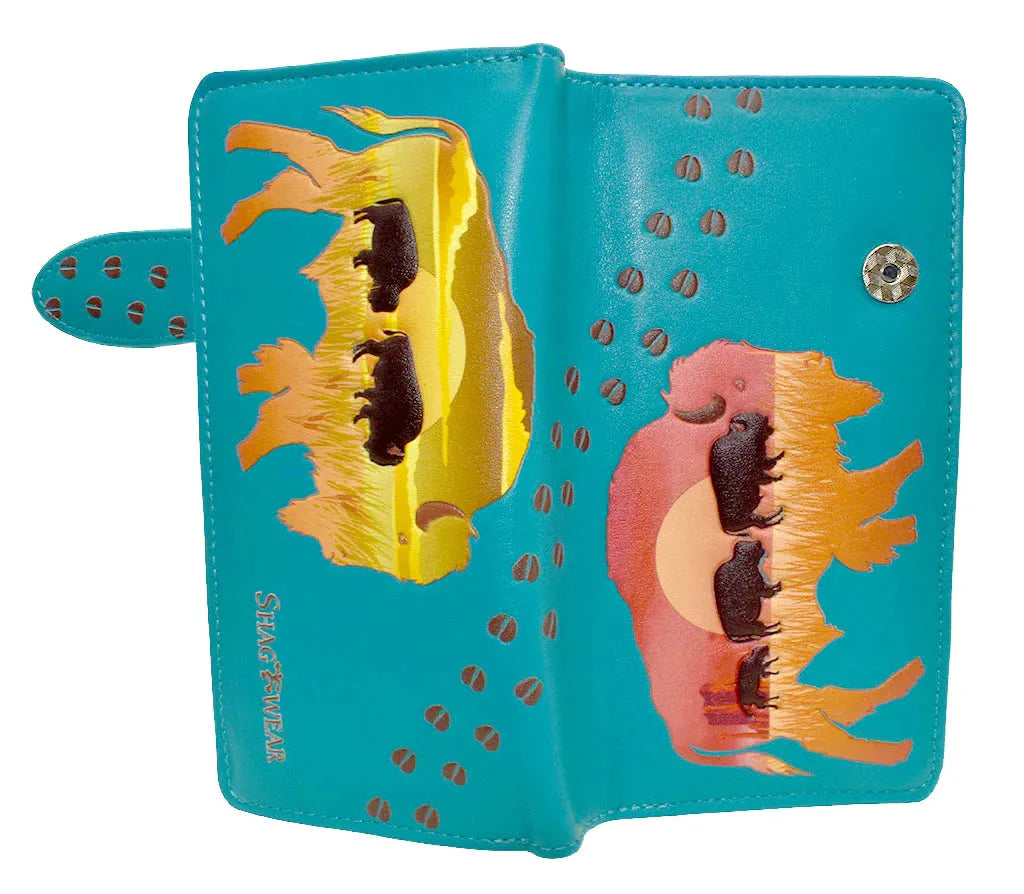 Large Teal Wallet with Prairie Buffalo Scene Design and Zipper