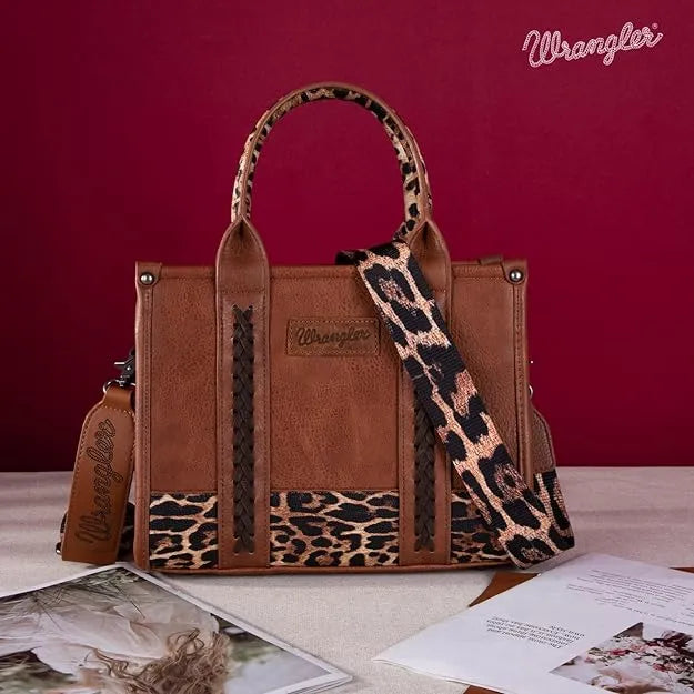 Wrangler Cow Print Concealed Carry Tote/Crossbody Leopard - Chic Meadow Boutique 