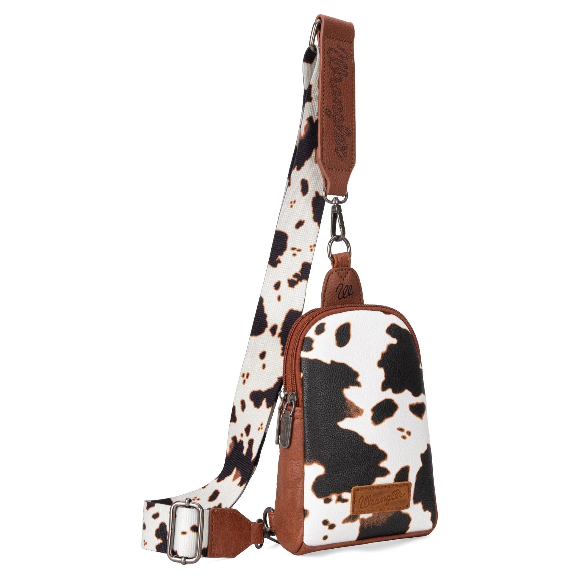 Wrangler Cow Print Crossbody Sling Chest Bag - Brown - Chic Meadow Boutique 