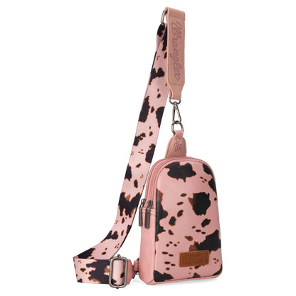 Wrangler Cow Print Crossbody Sling Chest Bag -Pink - Chic Meadow Boutique 