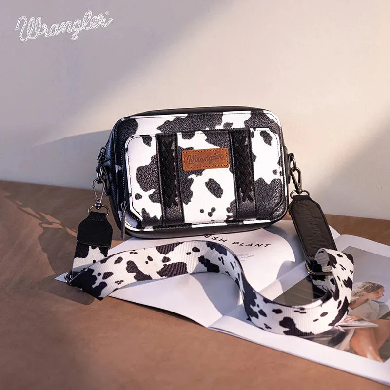 Wrangler Cow Print Crossbody Purse With Wallet Compartment - Black - Chic Meadow Boutique 