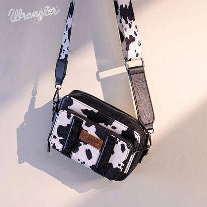 Wrangler Cow Print Crossbody Purse With Wallet Compartment - Black - Chic Meadow Boutique 