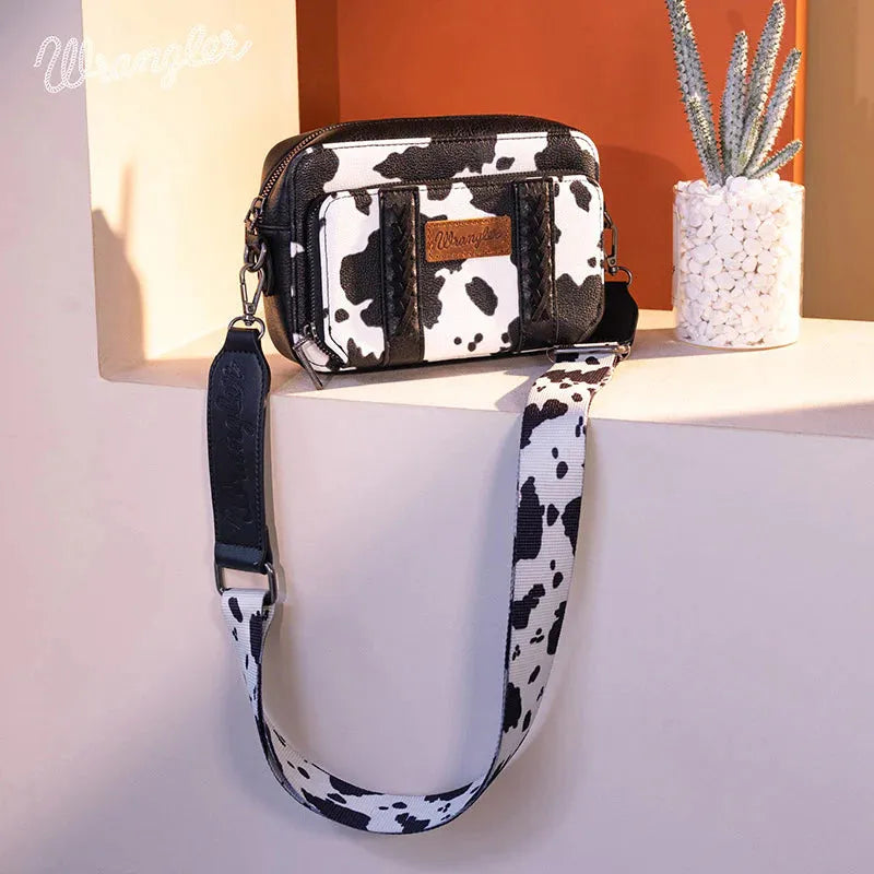 Wrangler Cow Print Crossbody Purse With Wallet Compartment - Black - Chic Meadow Boutique 