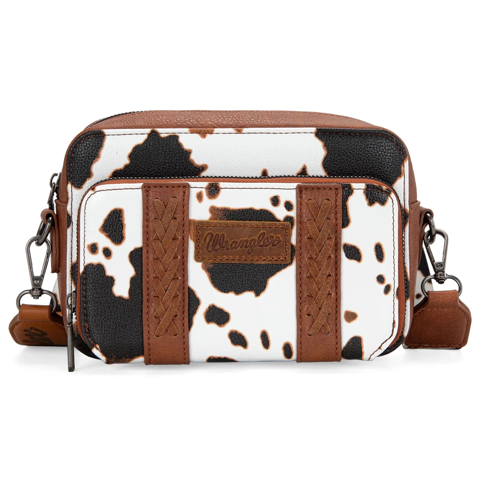 Wrangler Cow Print Crossbody Purse With Wallet Compartment - Brown - Chic Meadow Boutique 