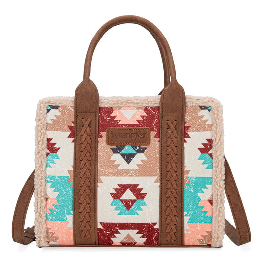 Wrangler Sherpa Southwestern Print Small Canvas Tote/Crossbody - Brown - Chic Meadow Boutique 