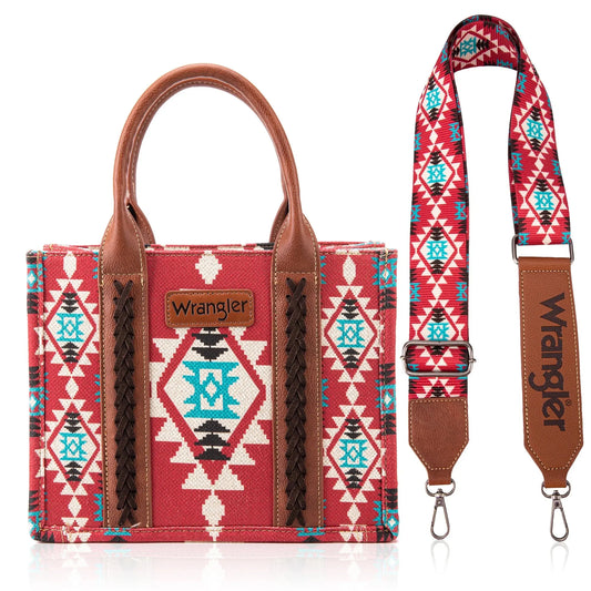 Wrangler Southwestern Print Small Canvas Tote/Crossbody - Burgundy - Small - Chic Meadow Boutique 