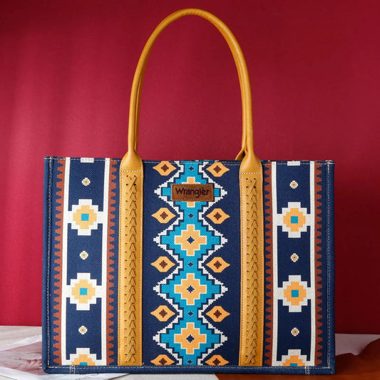 Wrangler Southwestern Pattern Dual Sided Print Canvas Wide Tote Mustard - Large - Chic Meadow Boutique 