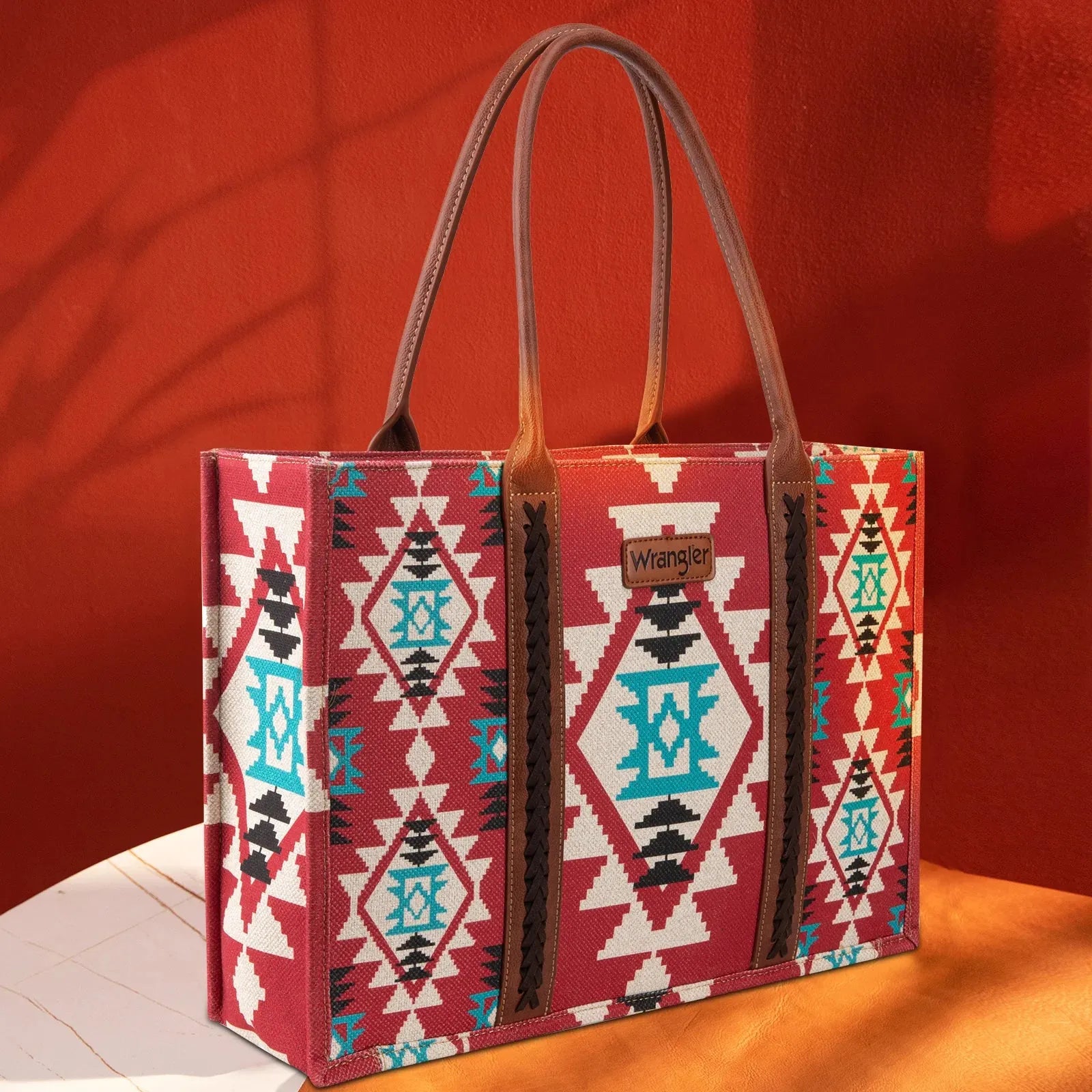 Wrangler Southwestern Pattern Dual Sided Print Canvas Wide Tote Burgundy - Large - Chic Meadow Boutique 