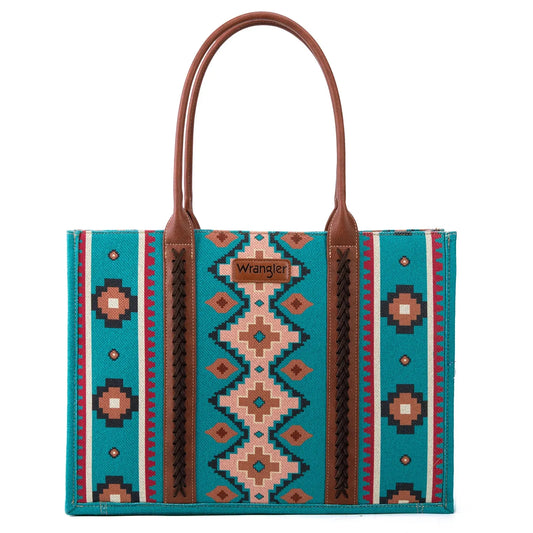 Wrangler Southwestern Pattern Dual Sided Print Canvas Wide Tote Dark Turquoise - Large - Chic Meadow Boutique 