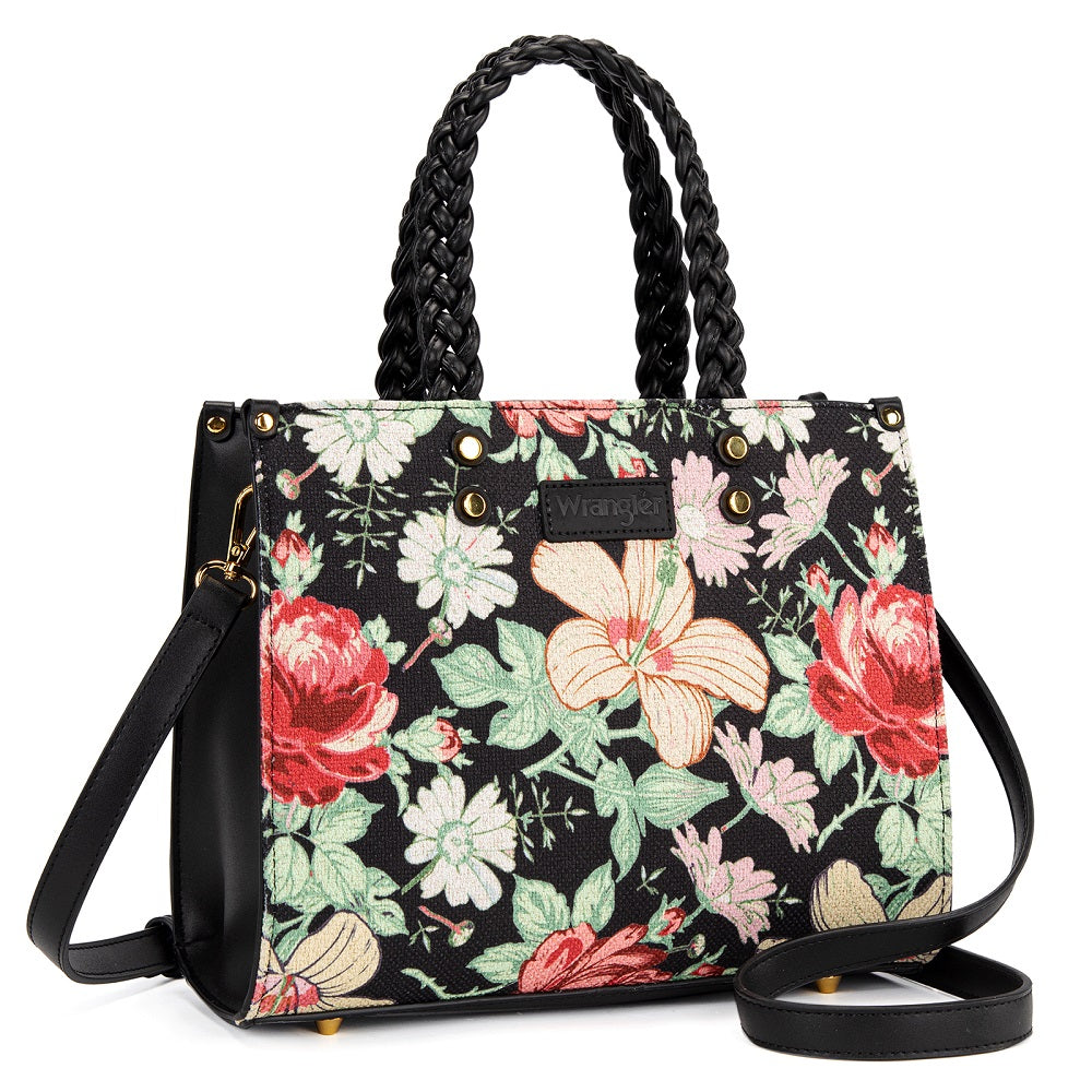 Wrangler Floral Print Braided Tote Bag - Black - Chic Meadow Boutique