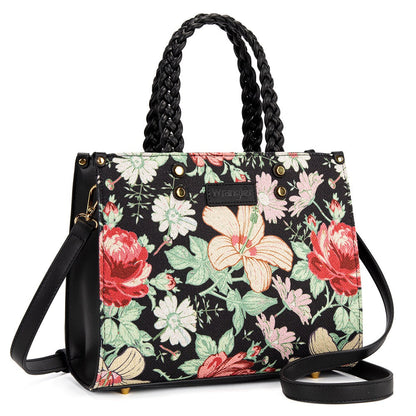 Wrangler Floral Print Braided Tote Bag - Black - Chic Meadow Boutique