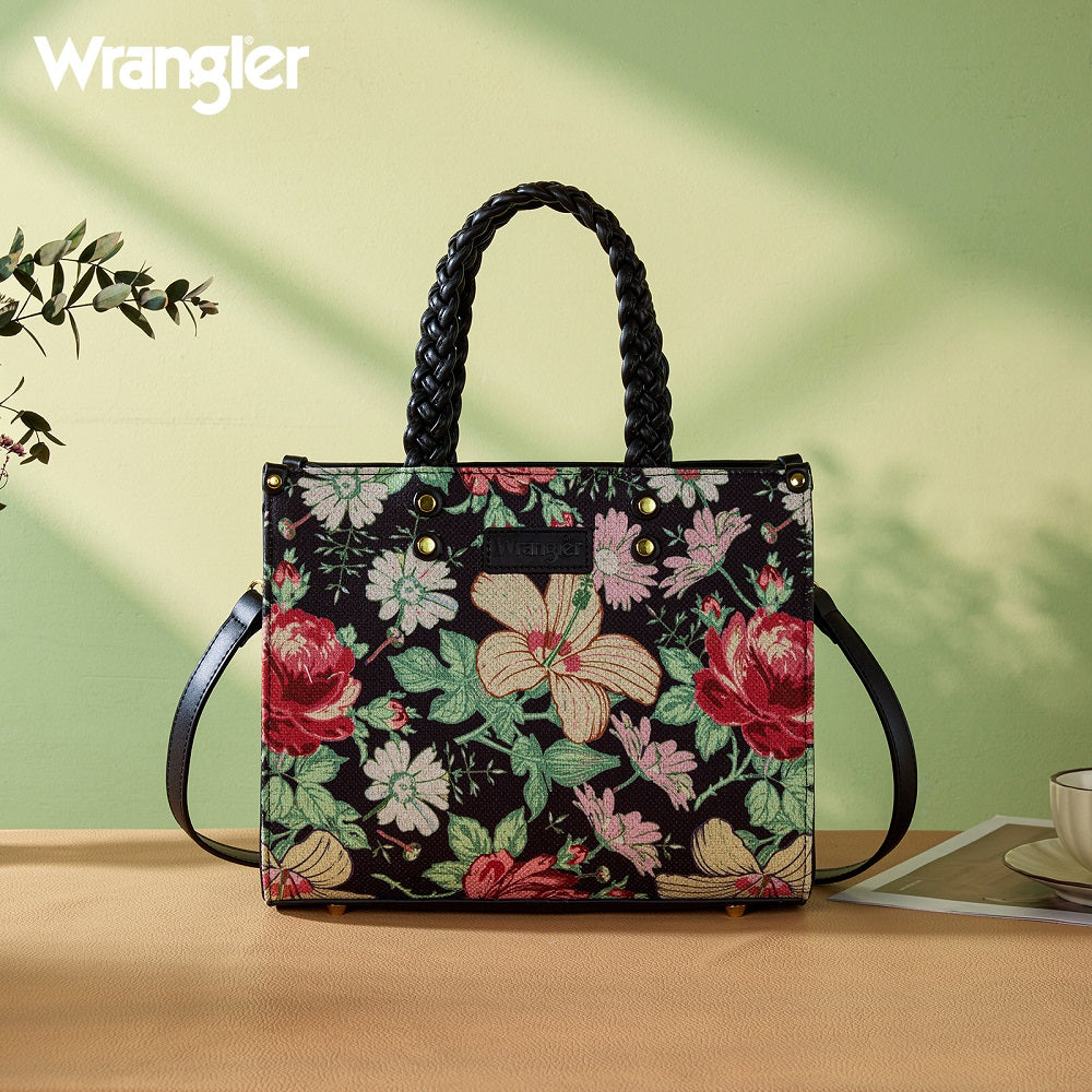Wrangler Floral Print Braided Tote Bag - Black - Chic Meadow Boutique