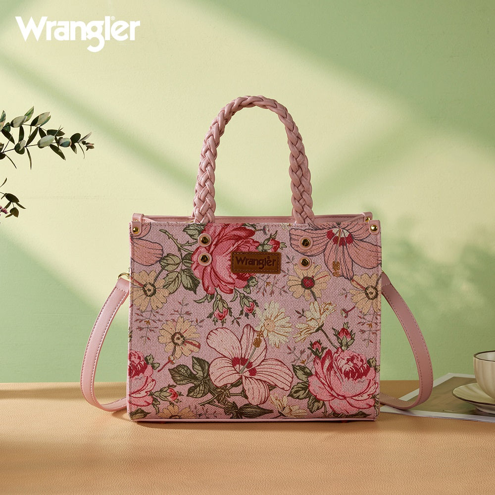 Wrangler Floral Print Braided Tote Bag - Pink - Chic Meadow Boutique