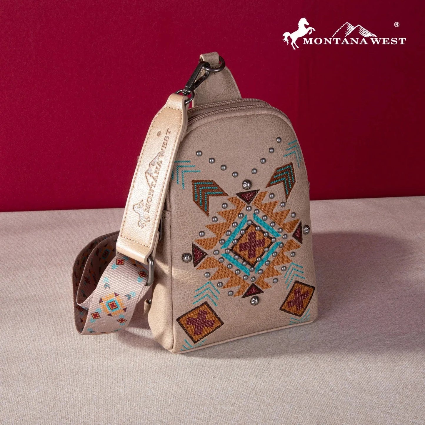 Montana West Embroidered Aztec Collection Sling Bag - Tan - Chic Meadow Boutique 