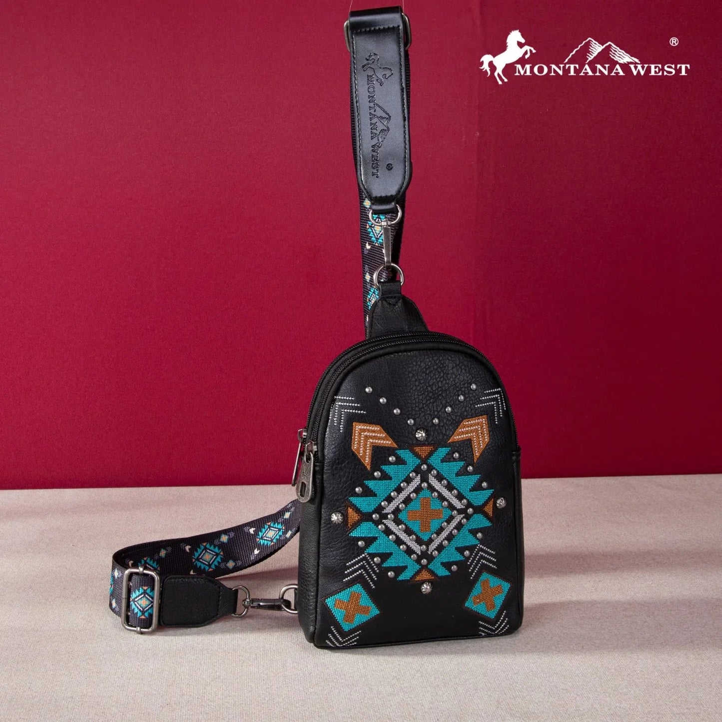 Montana West Embroidered Aztec Collection Sling Bag - Black - Chic Meadow Boutique 