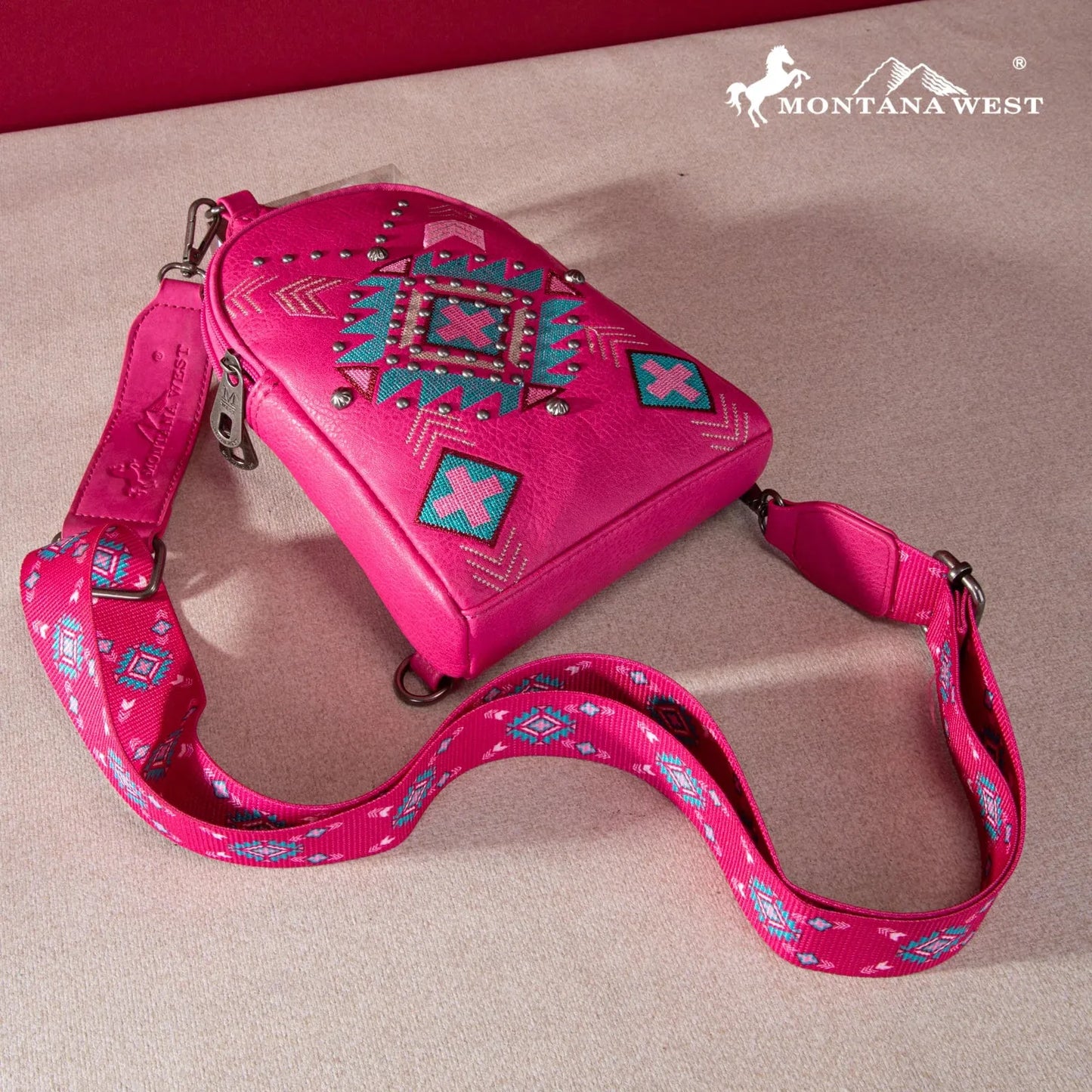 Montana West Embroidered Aztec Collection Sling Bag - Hot Pink - Chic Meadow Boutique 