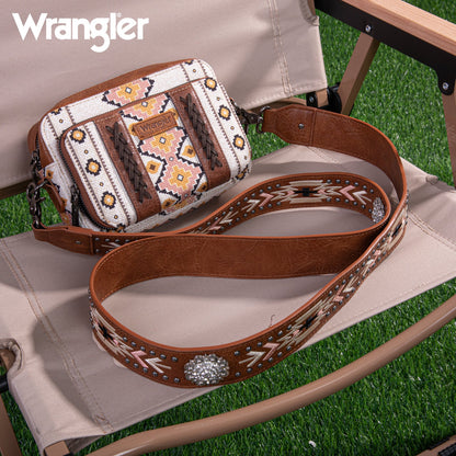 Wrangler Aztec Printed Crossbody Purse With Wallet Compartment - Coffee