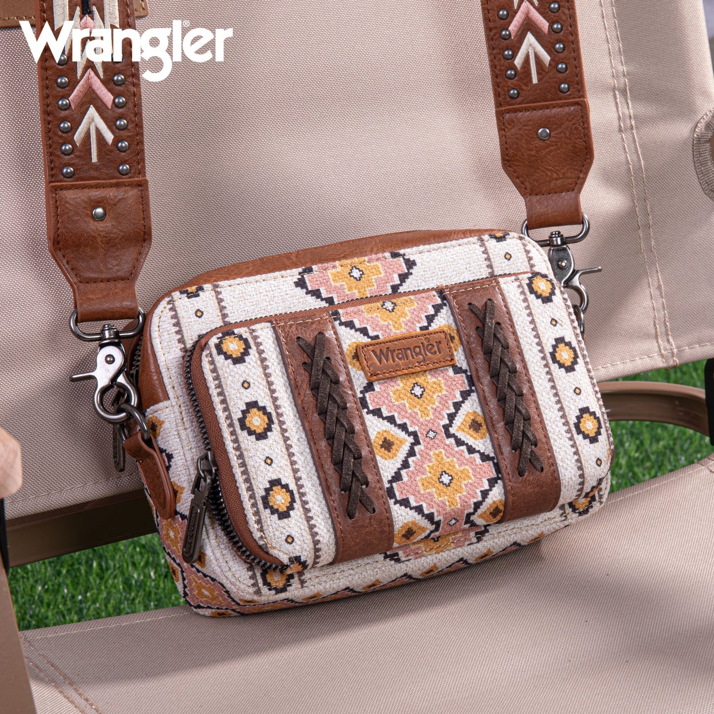 Wrangler Aztec Printed Crossbody Purse With Wallet Compartment - Coffee