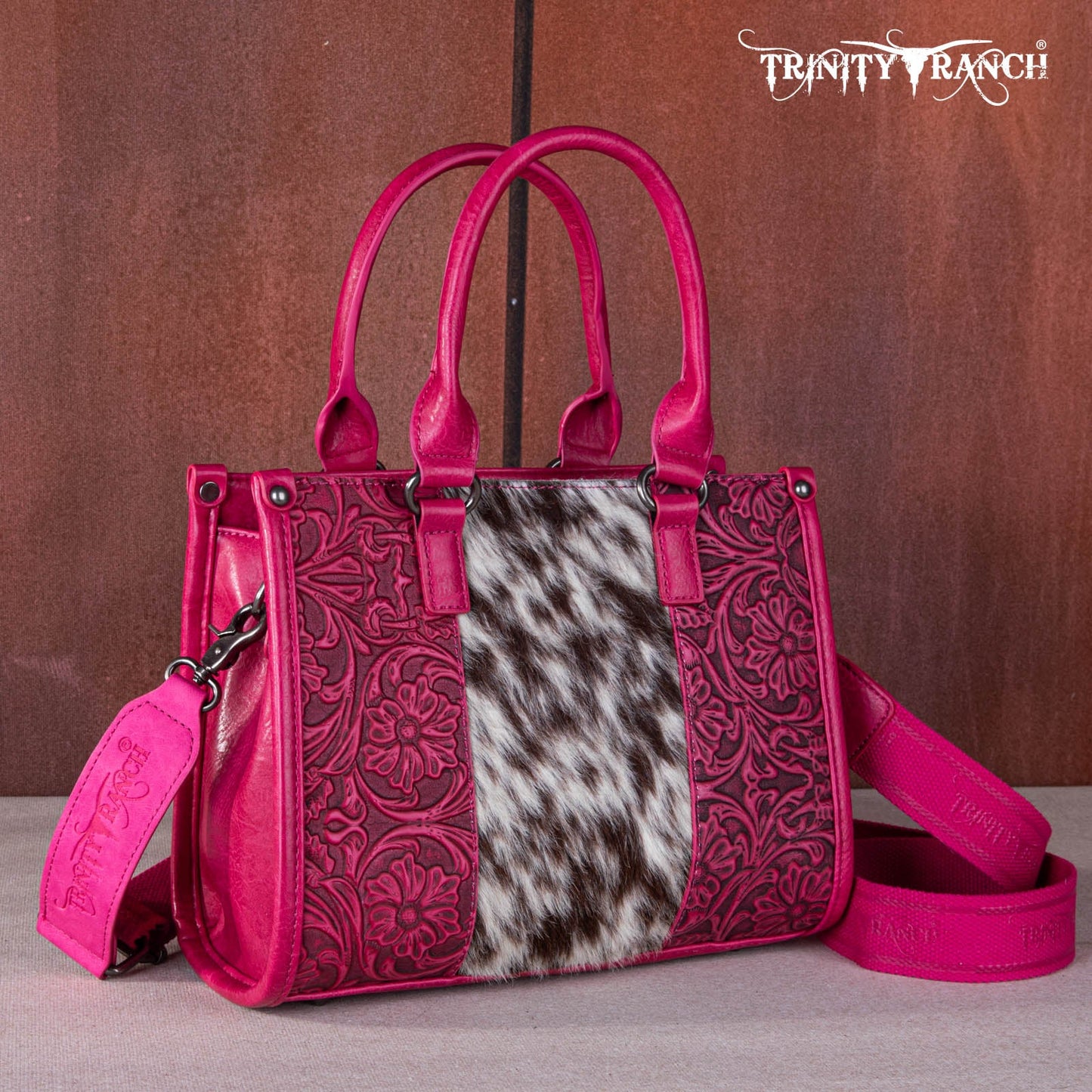 Trinity Ranch Hair On Cowhide Tooling Tote/Crossbody - Hot Pink - Chic Meadow Boutique 