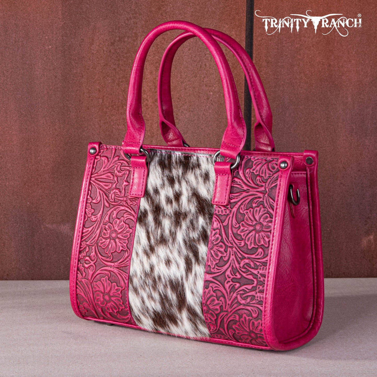 Trinity Ranch Hair On Cowhide Tooling Tote/Crossbody - Hot Pink