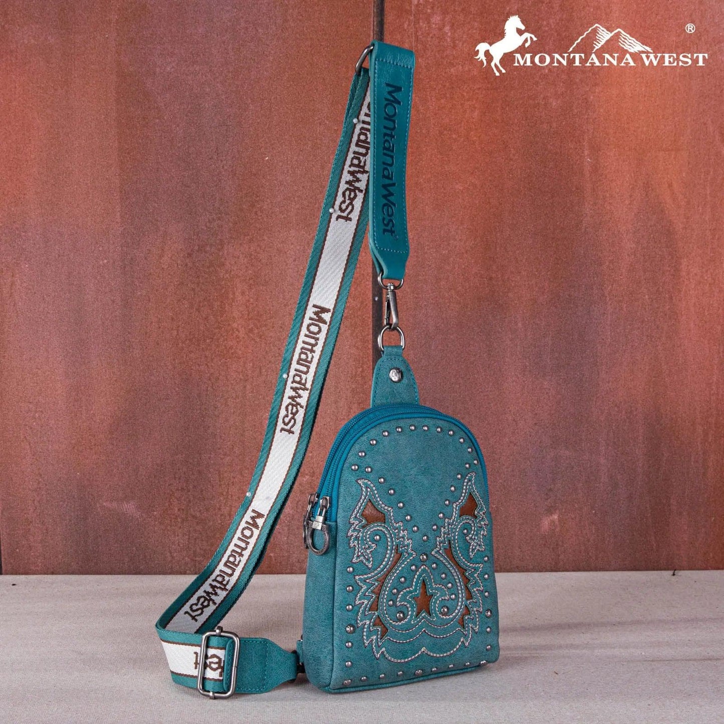 Montana West Embroidered Cut-out Boot Scroll Sling Bag - Turquoise