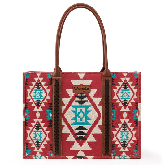 Wrangler Southwestern Pattern Dual Sided Print Canvas Wide Tote Burgundy - Large - Chic Meadow Boutique 