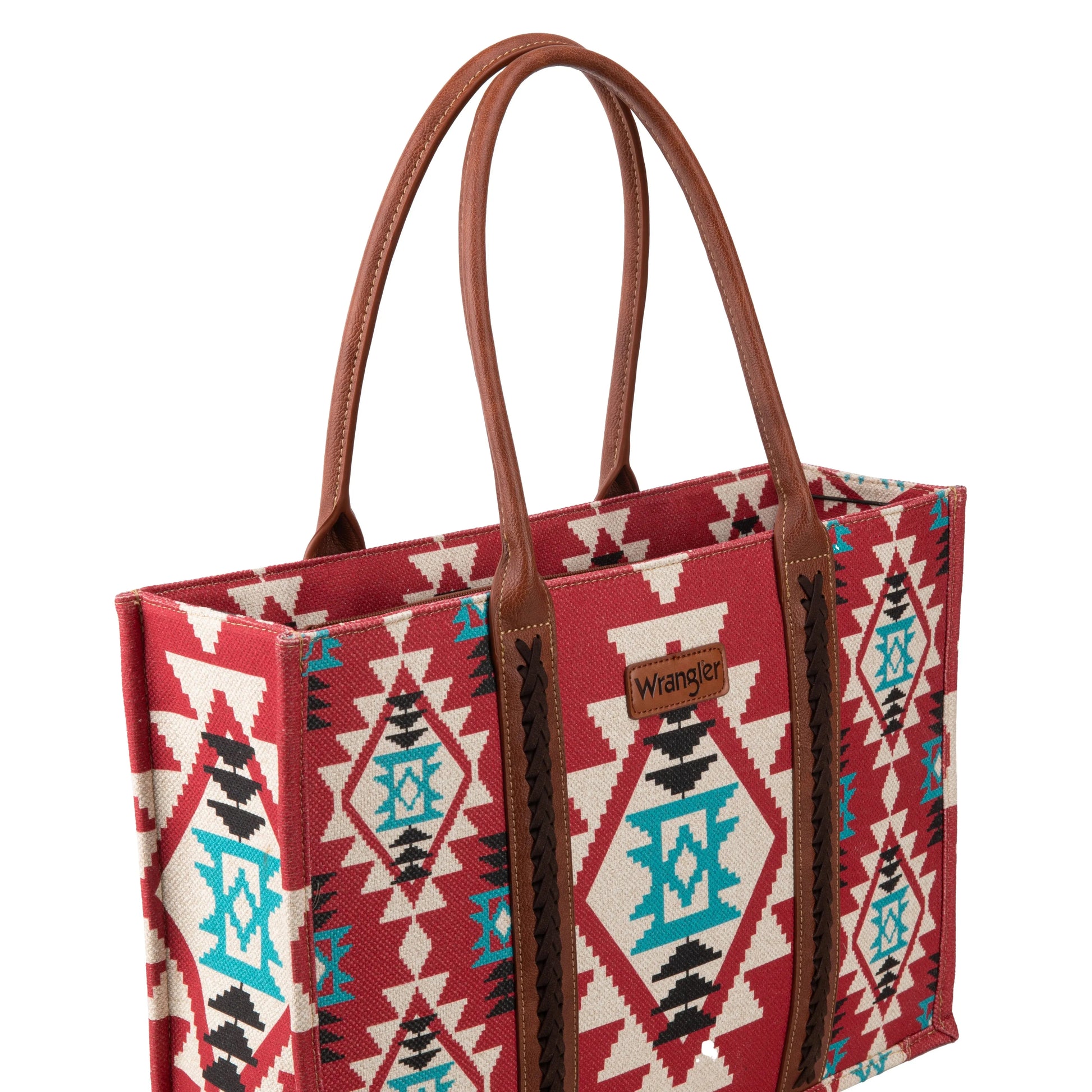 Wrangler Southwestern Pattern Dual Sided Print Canvas Wide Tote Burgundy - Large - Chic Meadow Boutique 