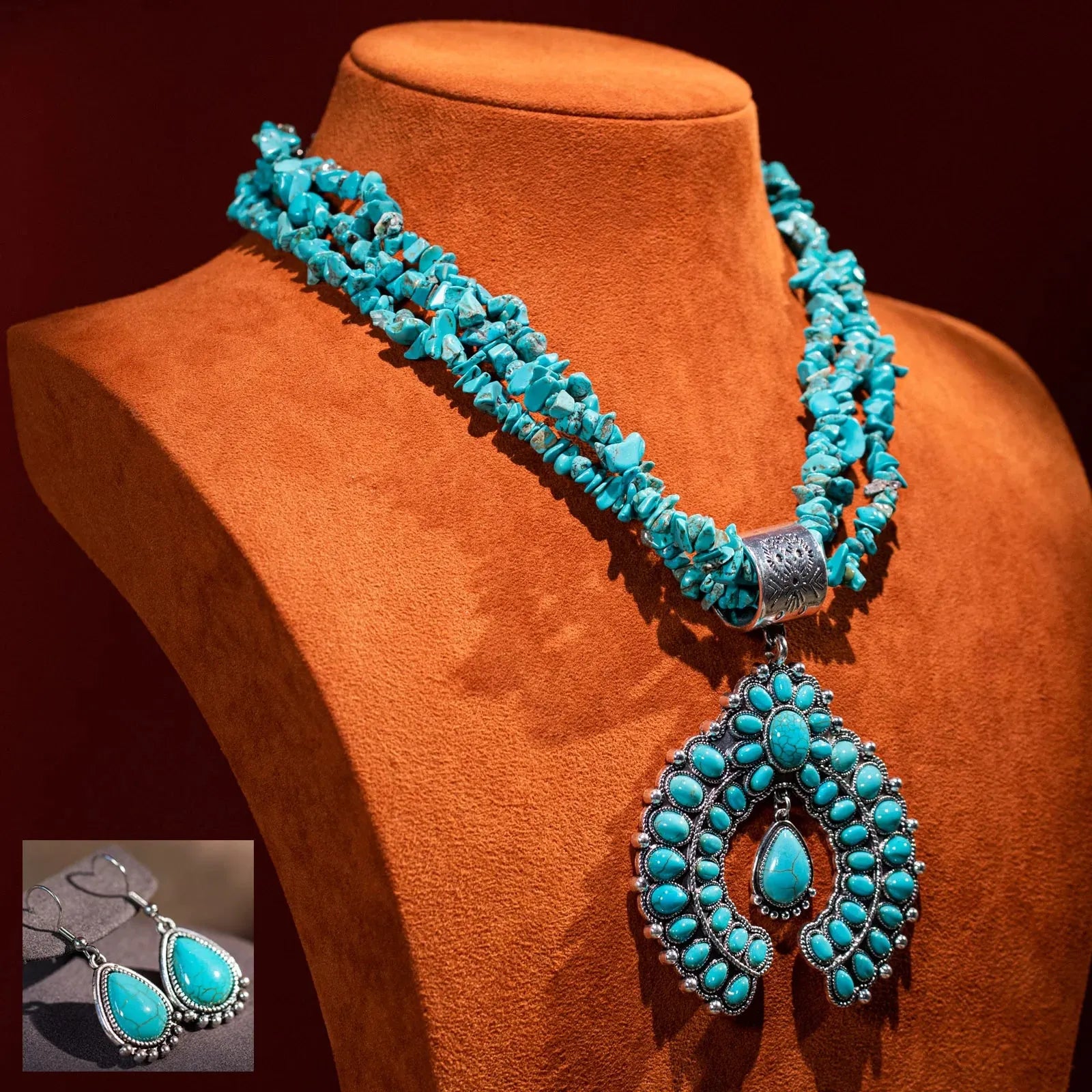 Rustic Couture Jewelry Sets Bohemian Pendant Necklace Earrings - Turquoise - Chic Meadow Boutique 