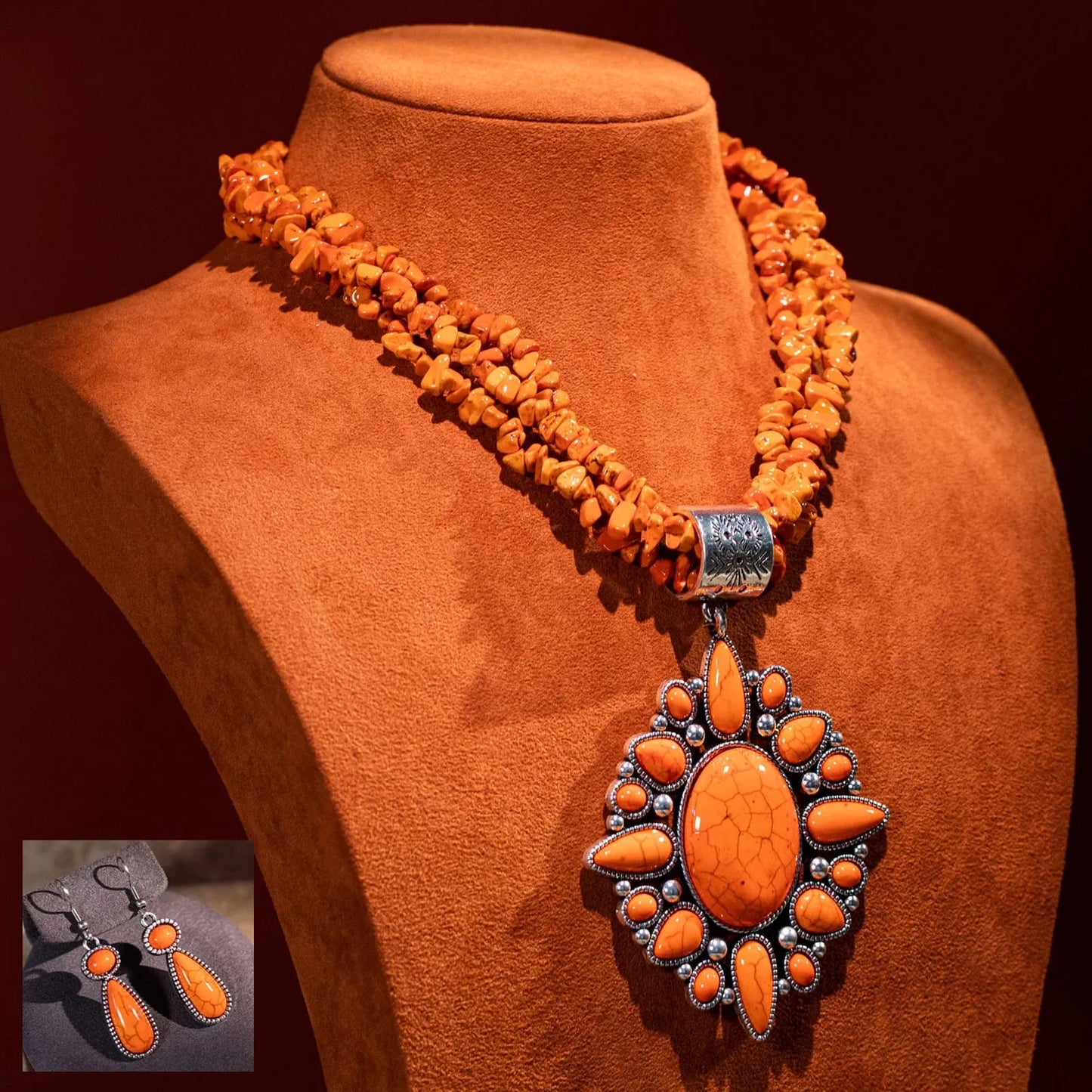 Rustic Couture Jewelry Sets Bohemian Pendant Necklace Earrings - Orange - Chic Meadow Boutique 