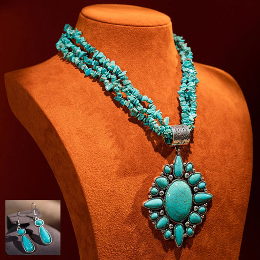 Rustic Couture Jewelry Sets Bohemian Pendant Necklace Earrings - Turquoise - Chic Meadow Boutique 