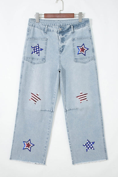 Beau Blue Patriotic Sequin Star Pattern Jeans