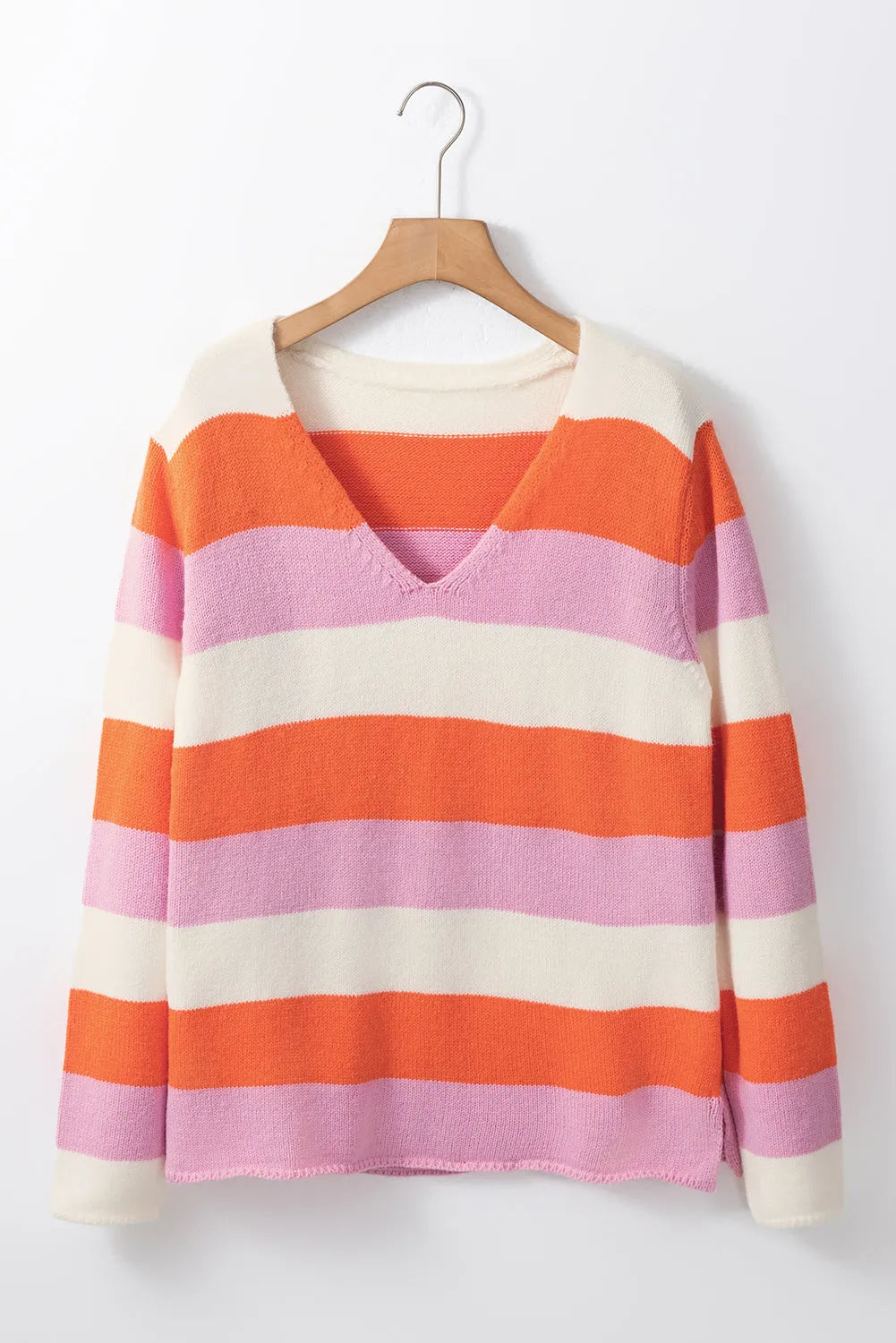 Orange Stripe Colorblock V Neck Casual Sweater - Chic Meadow Boutique 