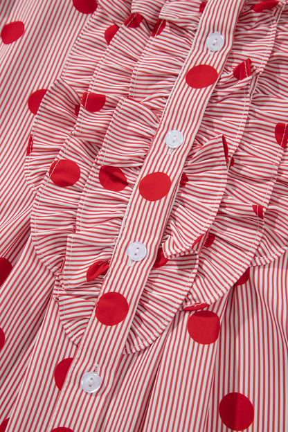 Fiery Red Polka Dot Striped Print Ruffle Stand Neck 3/4 Sleeve Shift Shirt