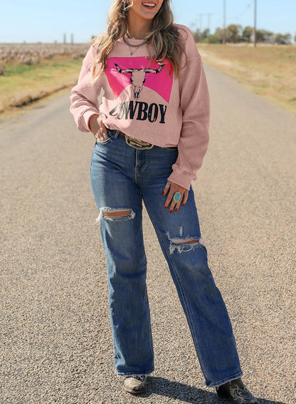 Pink Steer Head Cowboy Print Corded Pullover Sweatshirt - Chic Meadow Boutique 