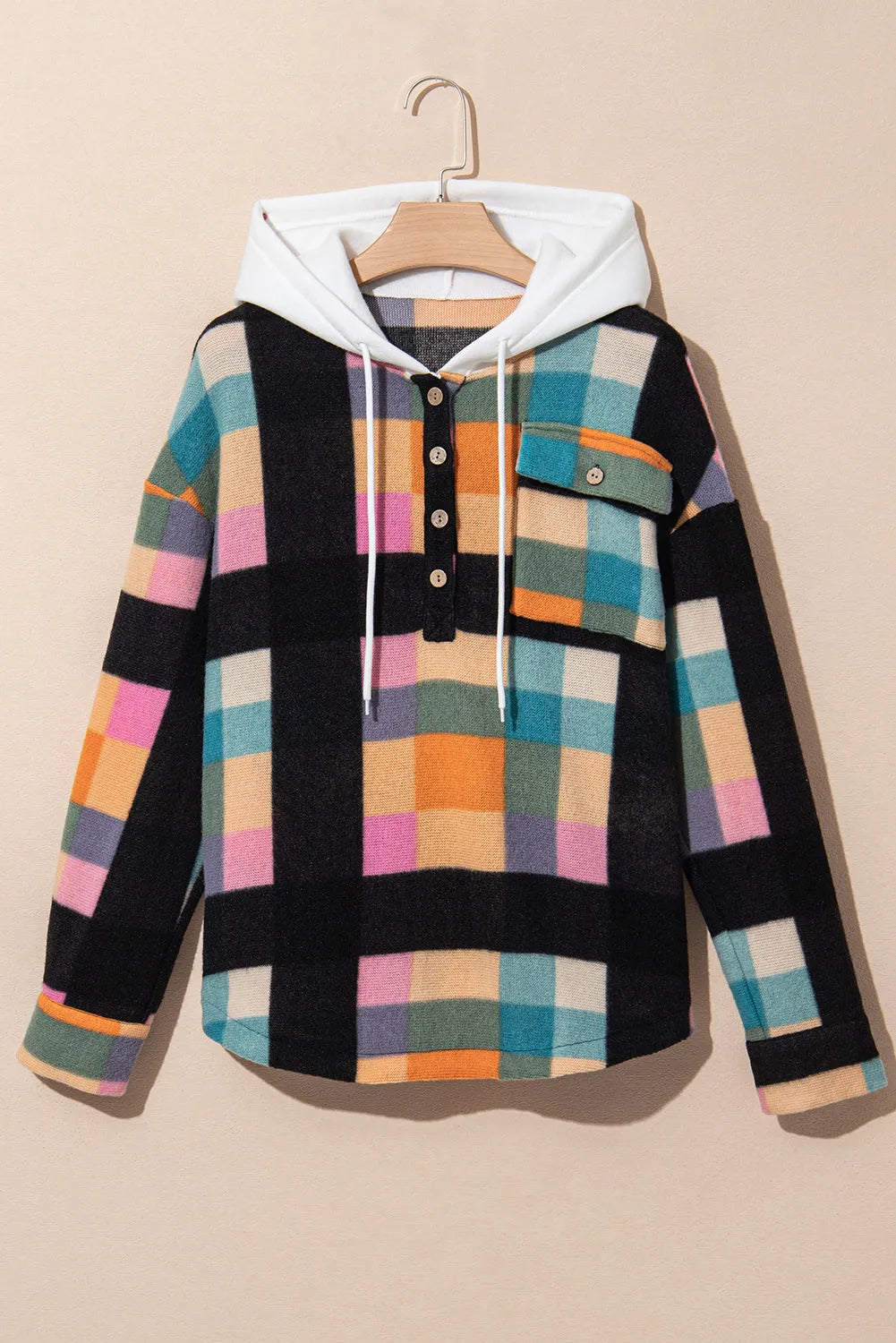 Multicolour Plaid Color Block Flap Pocket Buttoned Hoodie - Chic Meadow Boutique 