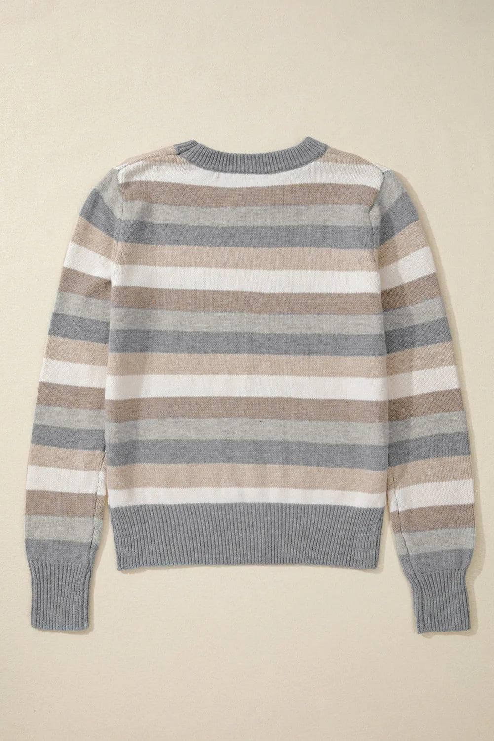 Sweaters & Cardigans/Sweaters Gray Stripe Color Block Ribbed Edge Round Neck Sweater