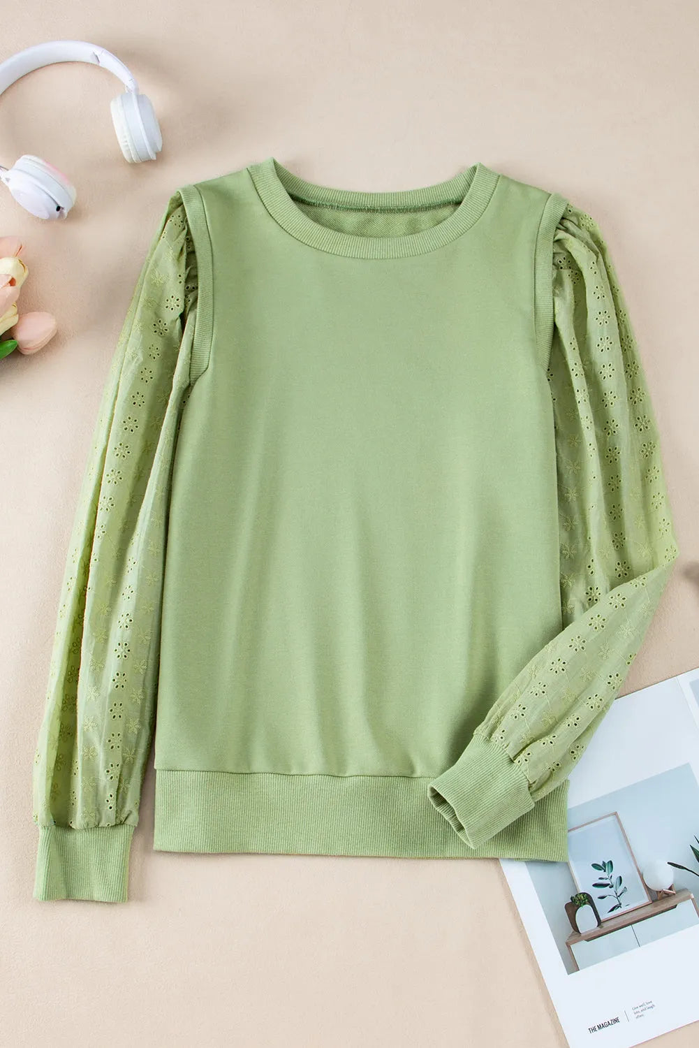 Mist Green Solid Patchwork Sleeve Round Neck Sweatshirt - Chic Meadow Boutique 