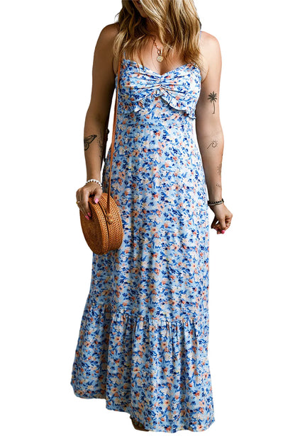 Sky Blue Floral Print Ruffled Ruched Maxi Dress - Chic Meadow Boutique 