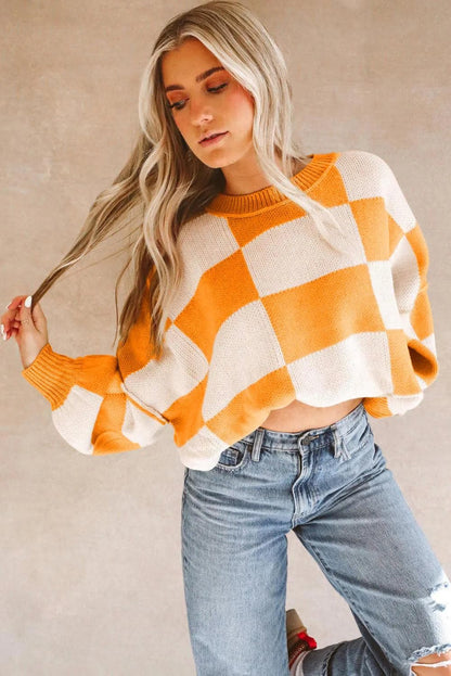 Tops/Sweaters & Cardigans Orange Checkered Bishop Sleeve Sweater