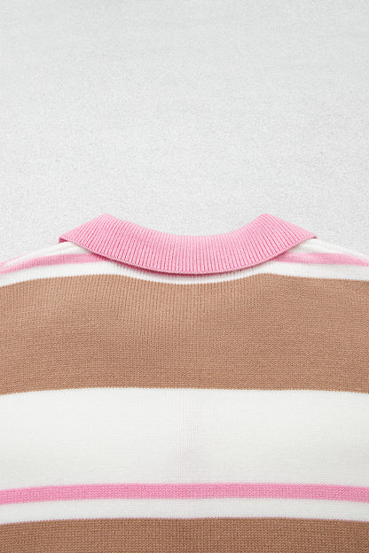 Pink Stripe Striped Colorblock V Neck Long Sleeve Tunic Sweater