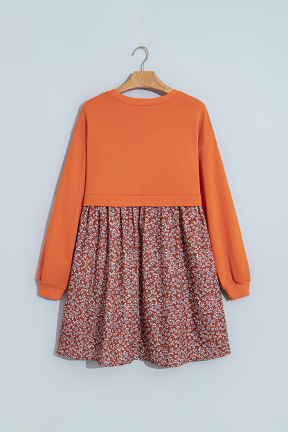 Orange Solid Long Sleeve Top Patchwork Floral Flared 2-in-1 Mini Dress