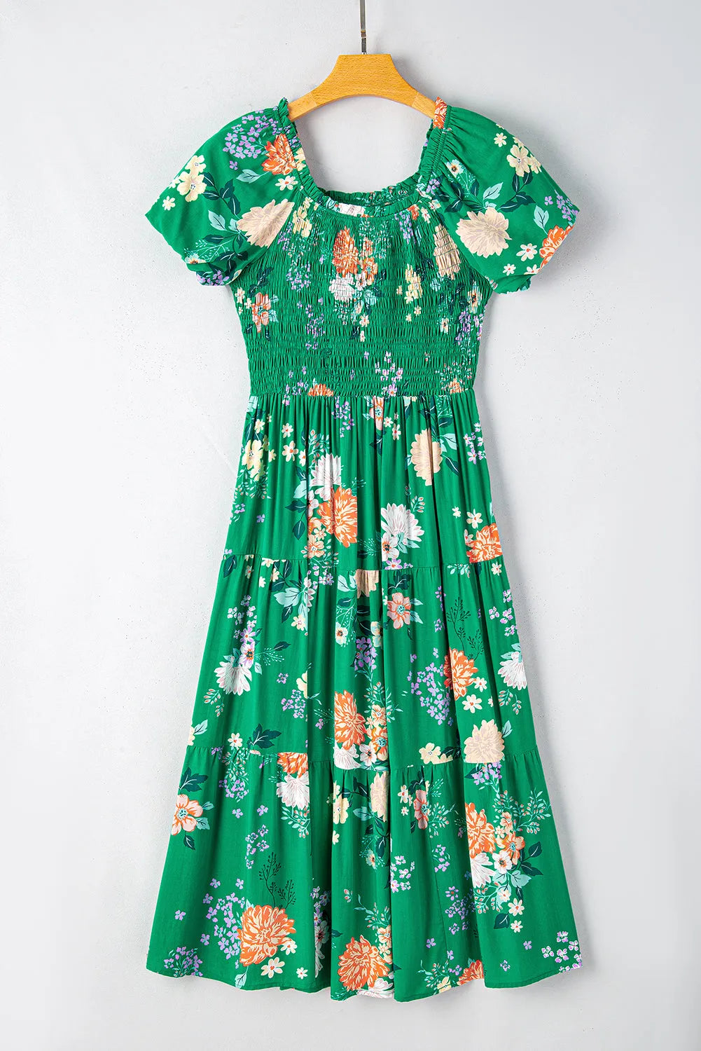 Green Floral Print Bubble Sleeve Smocked Tiered Midi Dress - Chic Meadow Boutique 