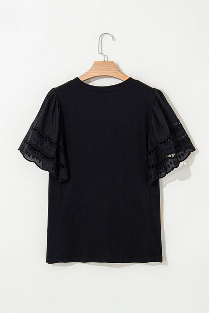 Black Hollow Out Embroidered Short Sleeve O Neck Top