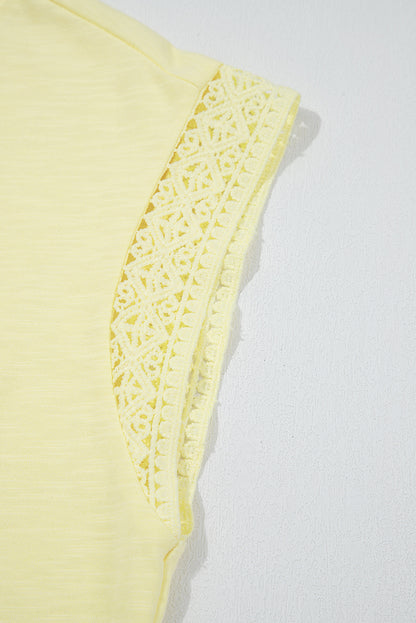 Yellow Cream Lace Patchwork Cap Sleeve Round Neck T Shirt