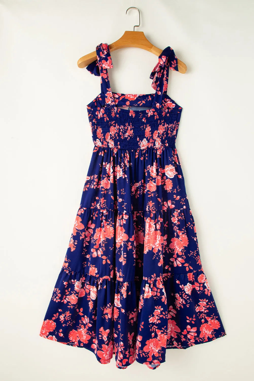 Blue Tie Shoulder Straps Tiered Floral Dress - Chic Meadow Boutique 